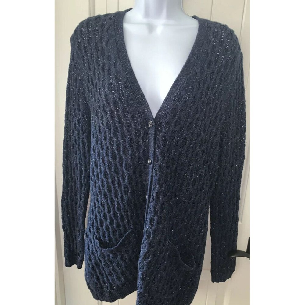 Lands End Flecked Navy Blue Cotton Blend Chunky Knit Cardigan Sweater Sz ?? EUC - Picture 2 of 10